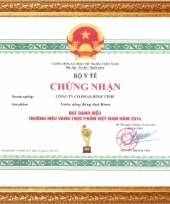 Chứng nhận Thương hiệu Vàng thực phẩm Việt Nam của bộ Y Tế